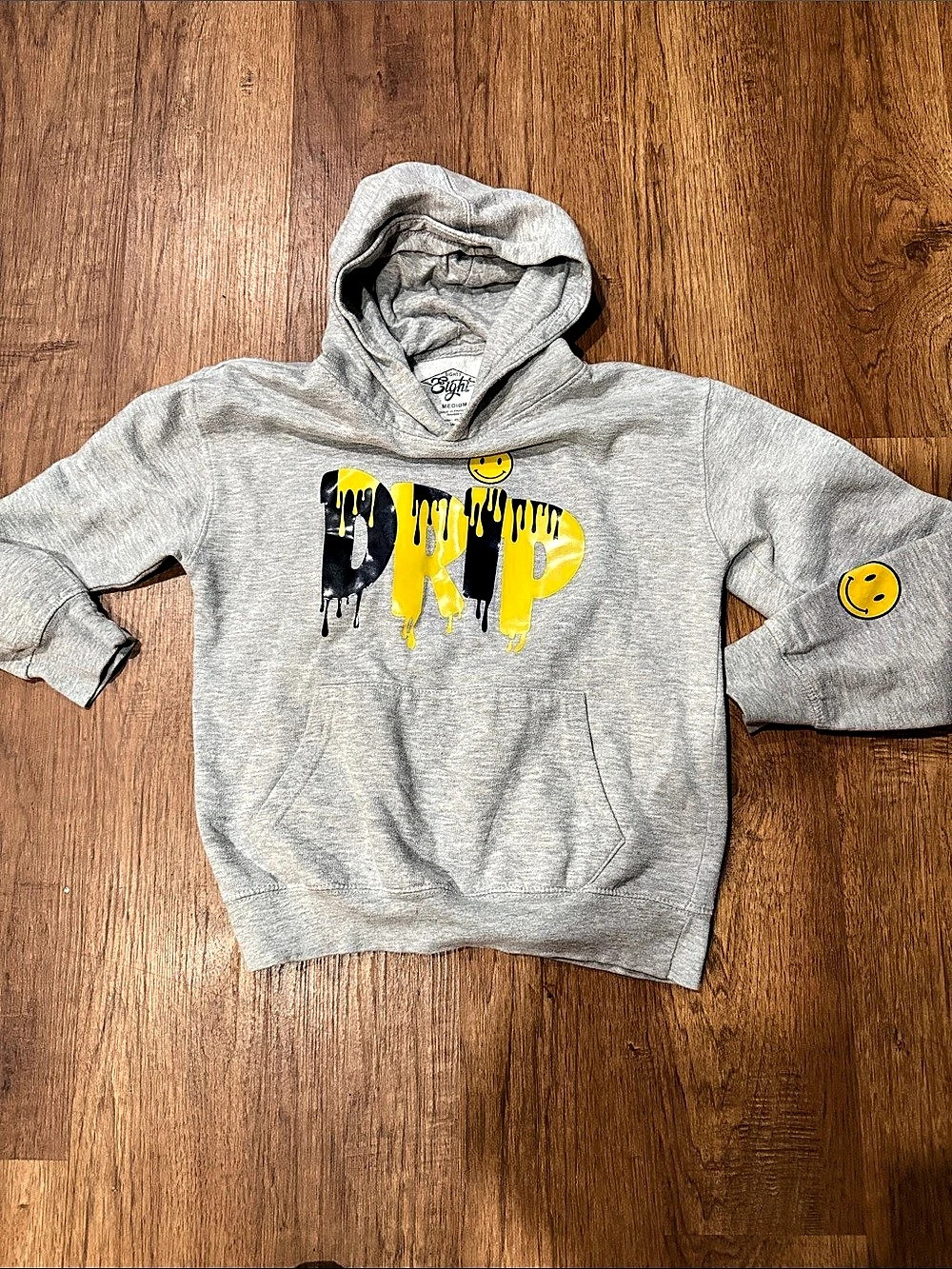 Eighty Eight DRIP Smiley Face Graphic Hoodie Gray & Yellow Medium